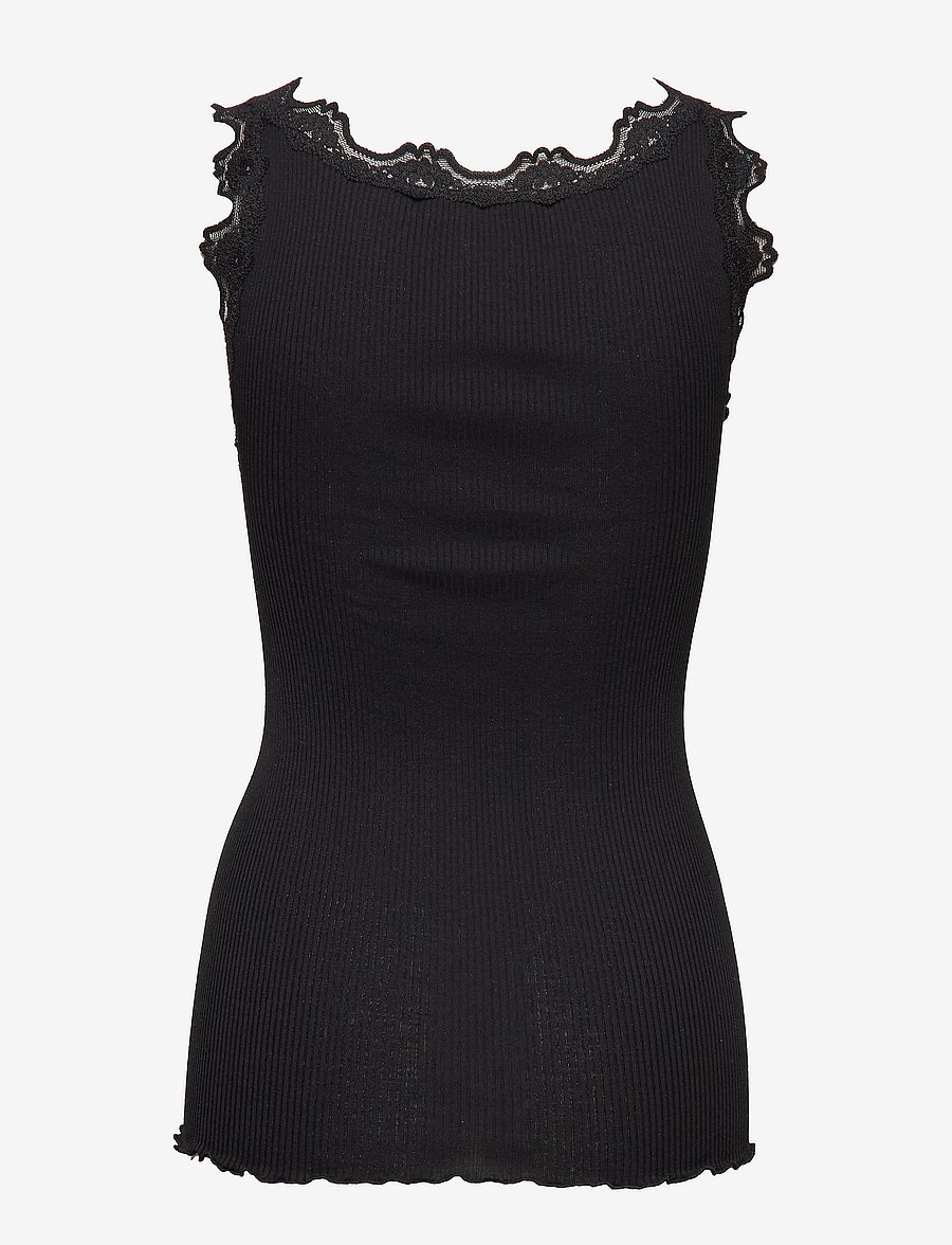 Rosemunde - RWBabette Silk SL U-neck Long Lace Top - tanktops - black - 2