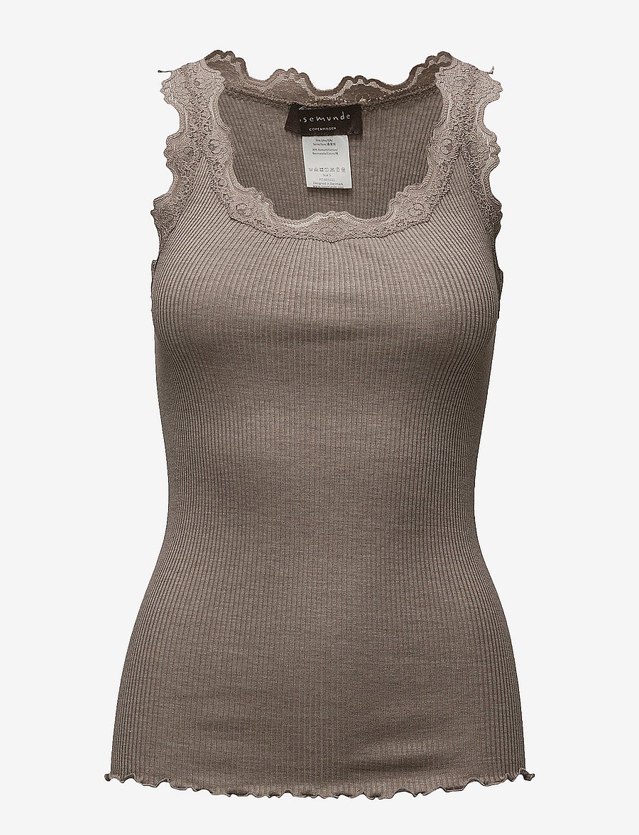 Rosemunde - RWBabette Silk SL U-neck Long Lace Top - tanktops - brown melange - 0