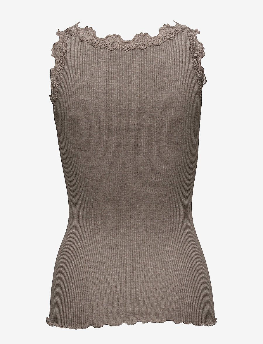 Rosemunde - RWBabette Silk SL U-neck Long Lace Top - tanktops - brown melange - 1