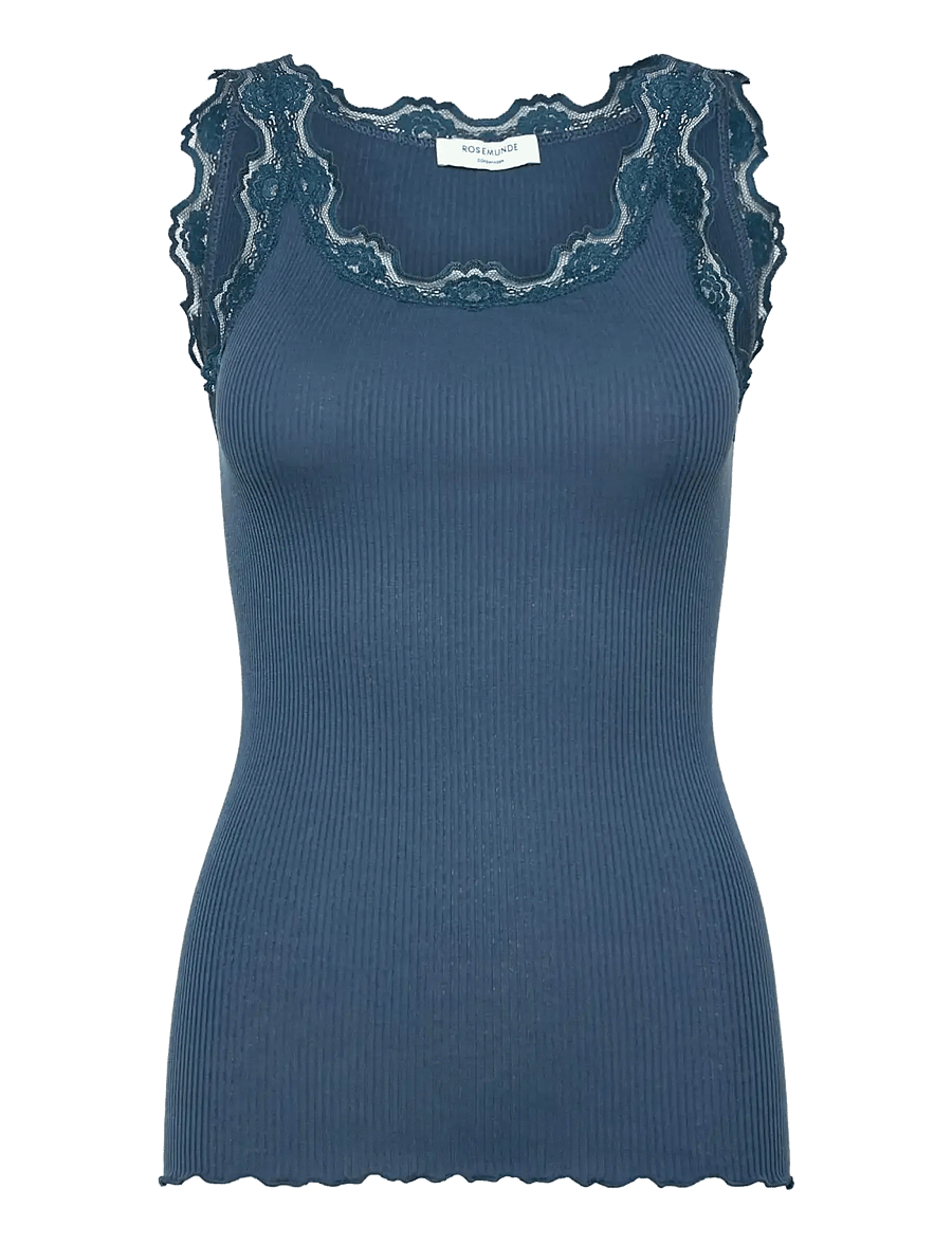 Rosemunde - RWBabette Silk SL U-neck Long Lace Top - sleeveless tops - dark denim - 0