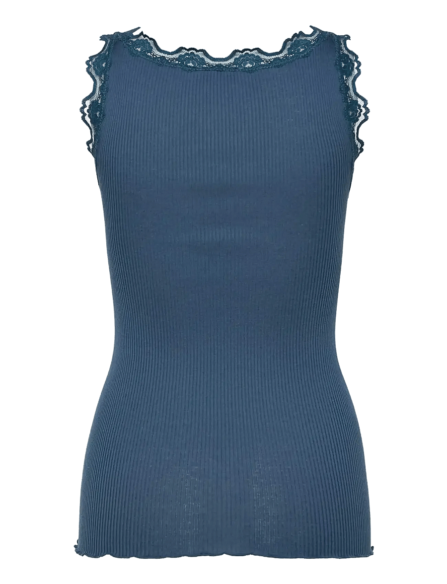 Rosemunde - RWBabette Silk SL U-neck Long Lace Top - sleeveless tops - dark denim - 1