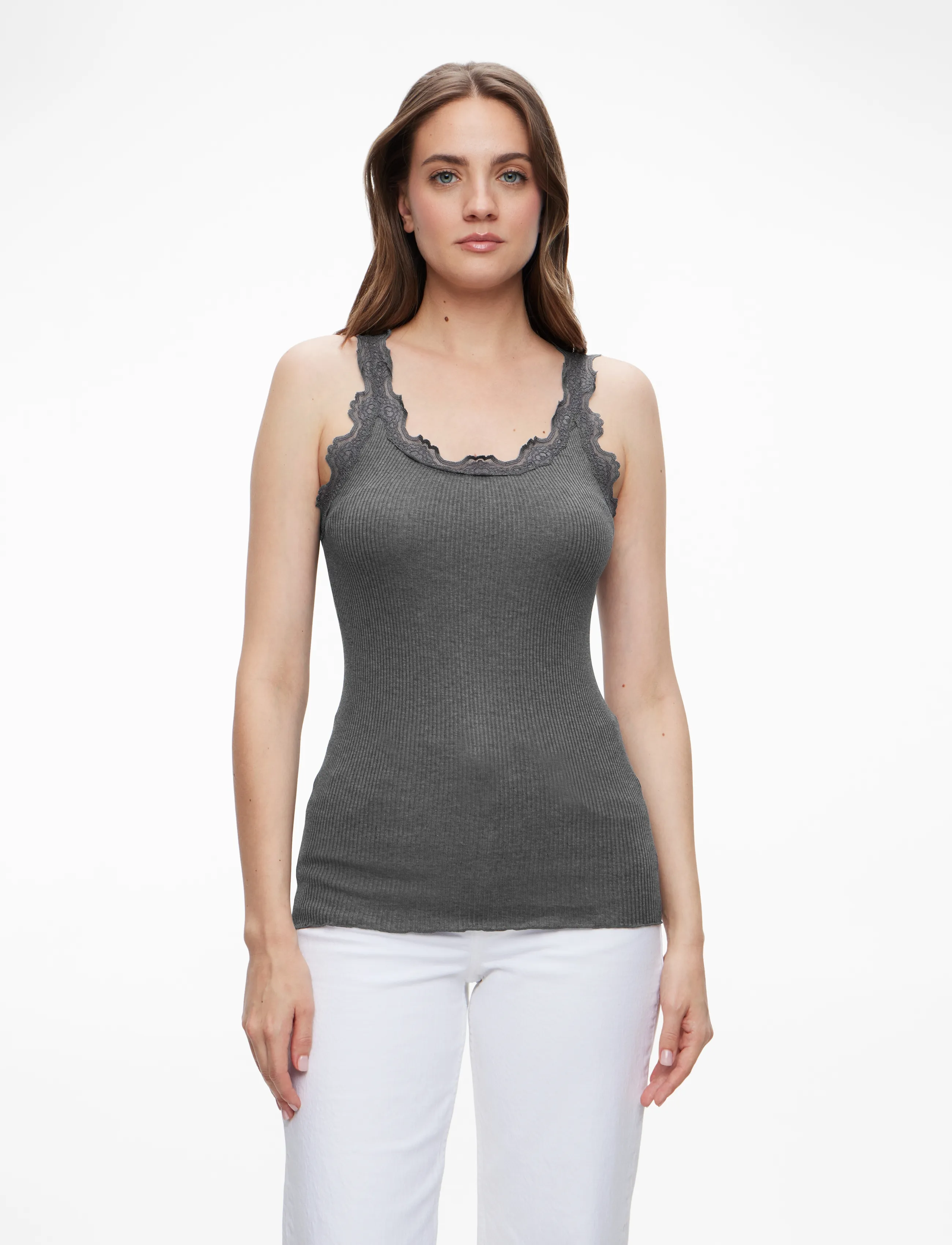 Rosemunde RWBabette SL U-neck Long Lace Top - Tanktops - DARK GREY MELANGE / black