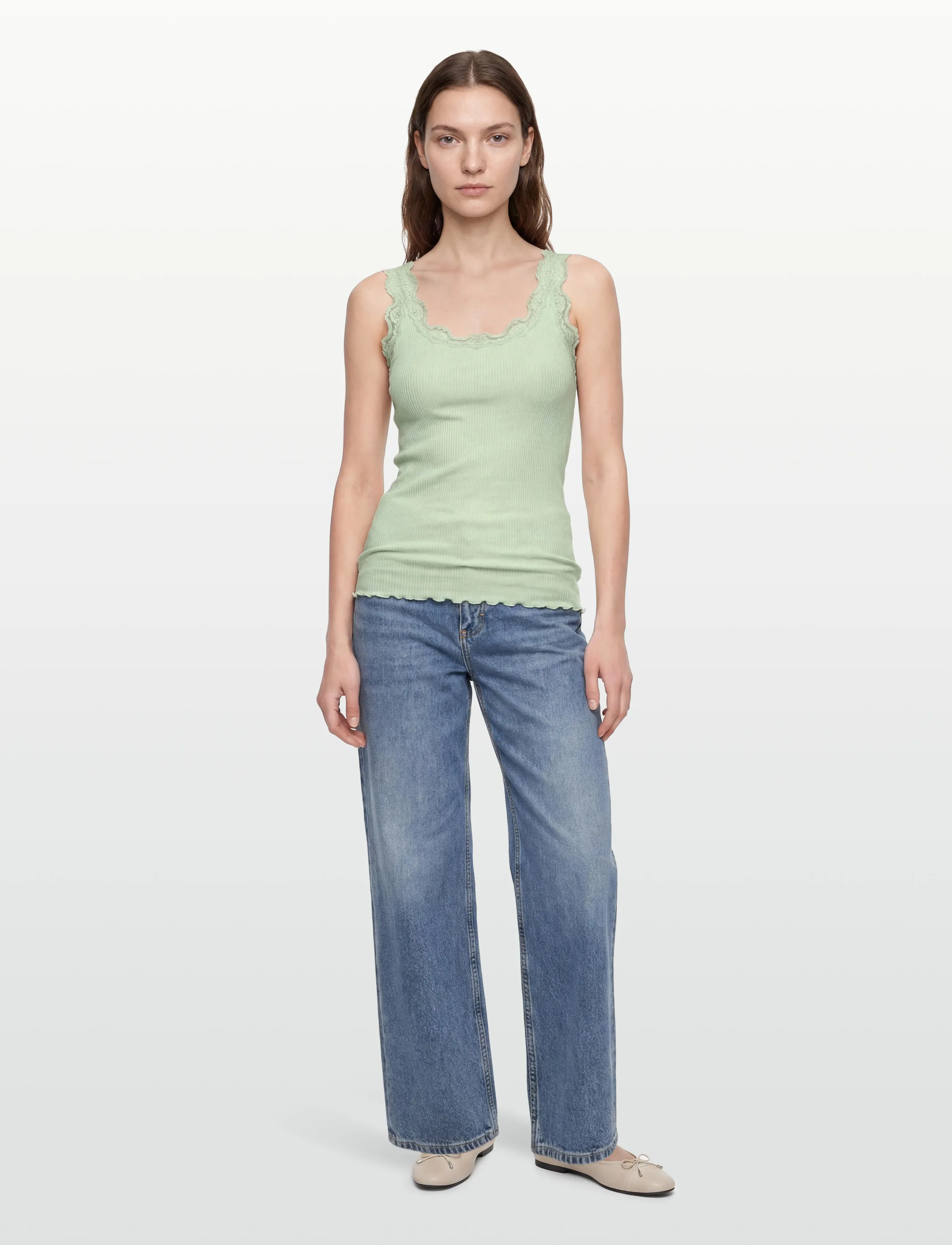 Rosemunde RWBabette Silk SL U-neck Long Lace Top - T-shirts & Tops - GREEN LILY / green