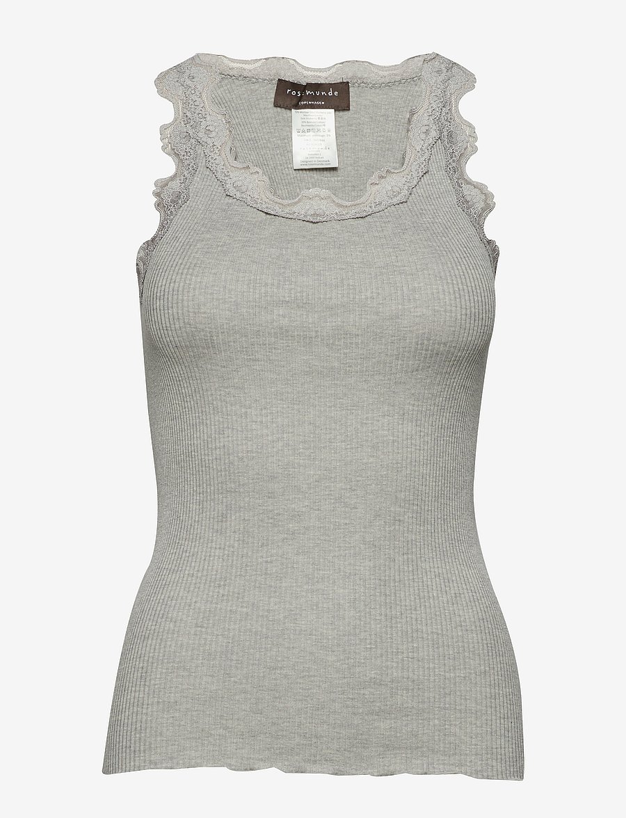 Rosemunde - RWBabette Silk SL U-neck Long Lace Top - tanktops - light grey melange - 0