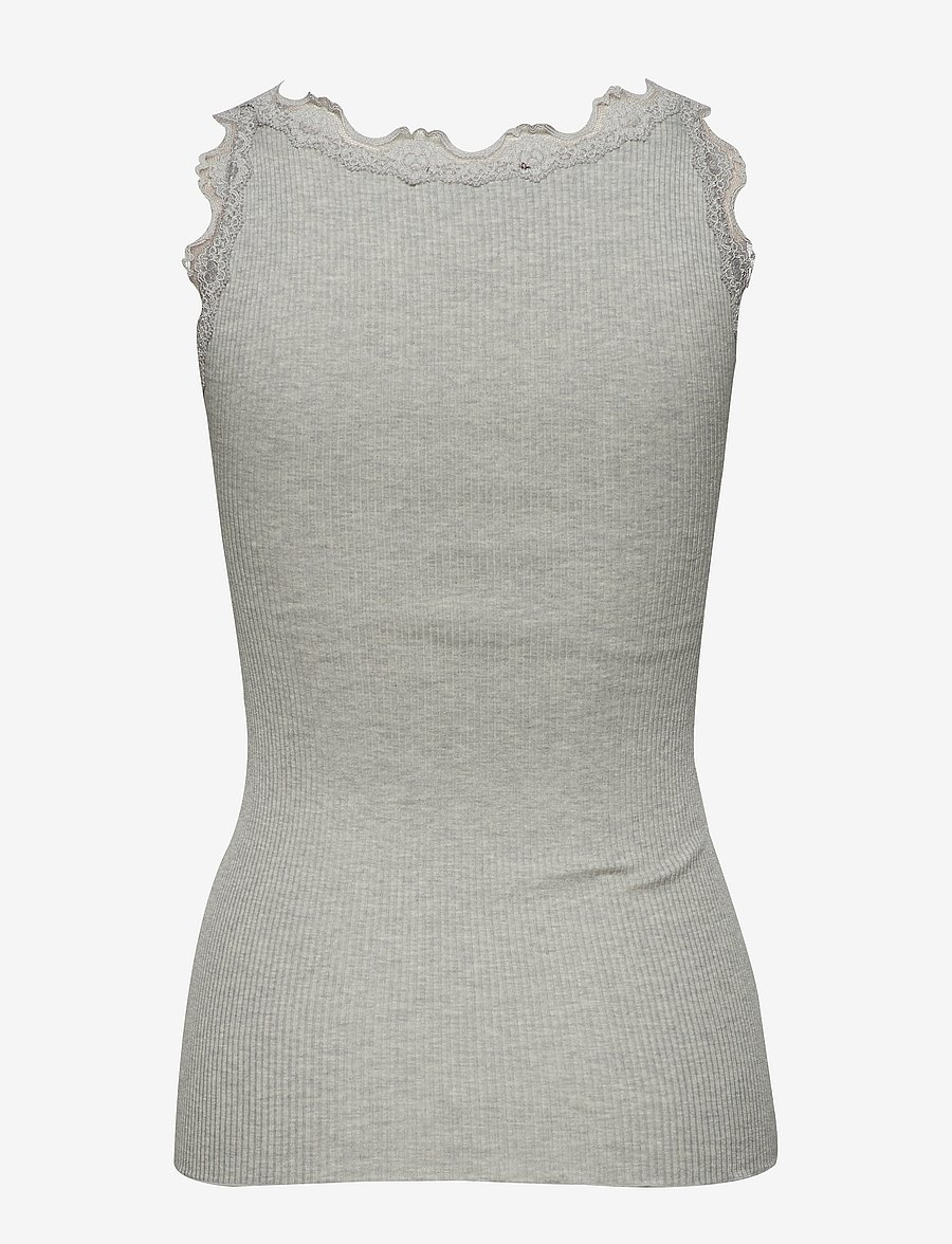 Rosemunde - RWBabette Silk SL U-neck Long Lace Top - tanktops - light grey melange - 1