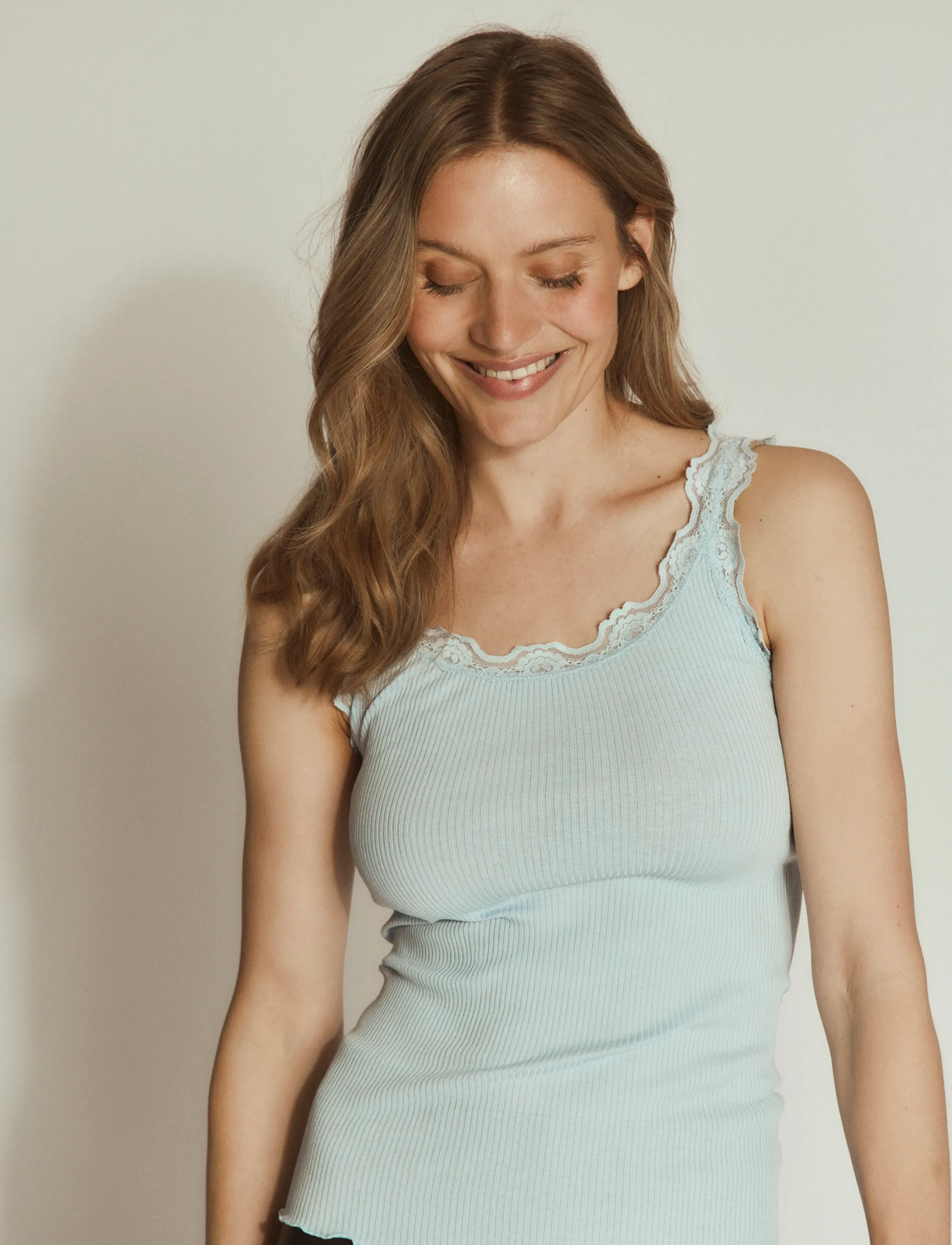 Rosemunde Rwbabette Silk Sl U-Neck Long Lace Top, S, Blue, T-Shirts & Toppe > Uden Ærmer, Dame