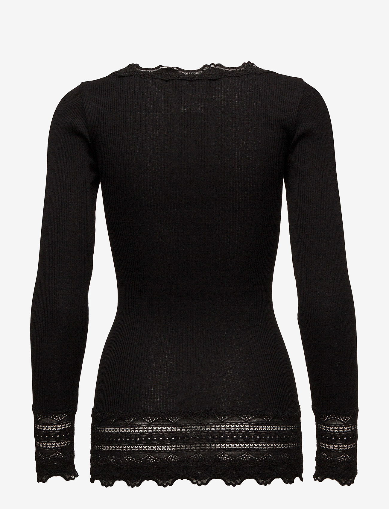 Rosemunde - Silk t-shirt medium ls w/wide lace - langärmlige tops - black - 1