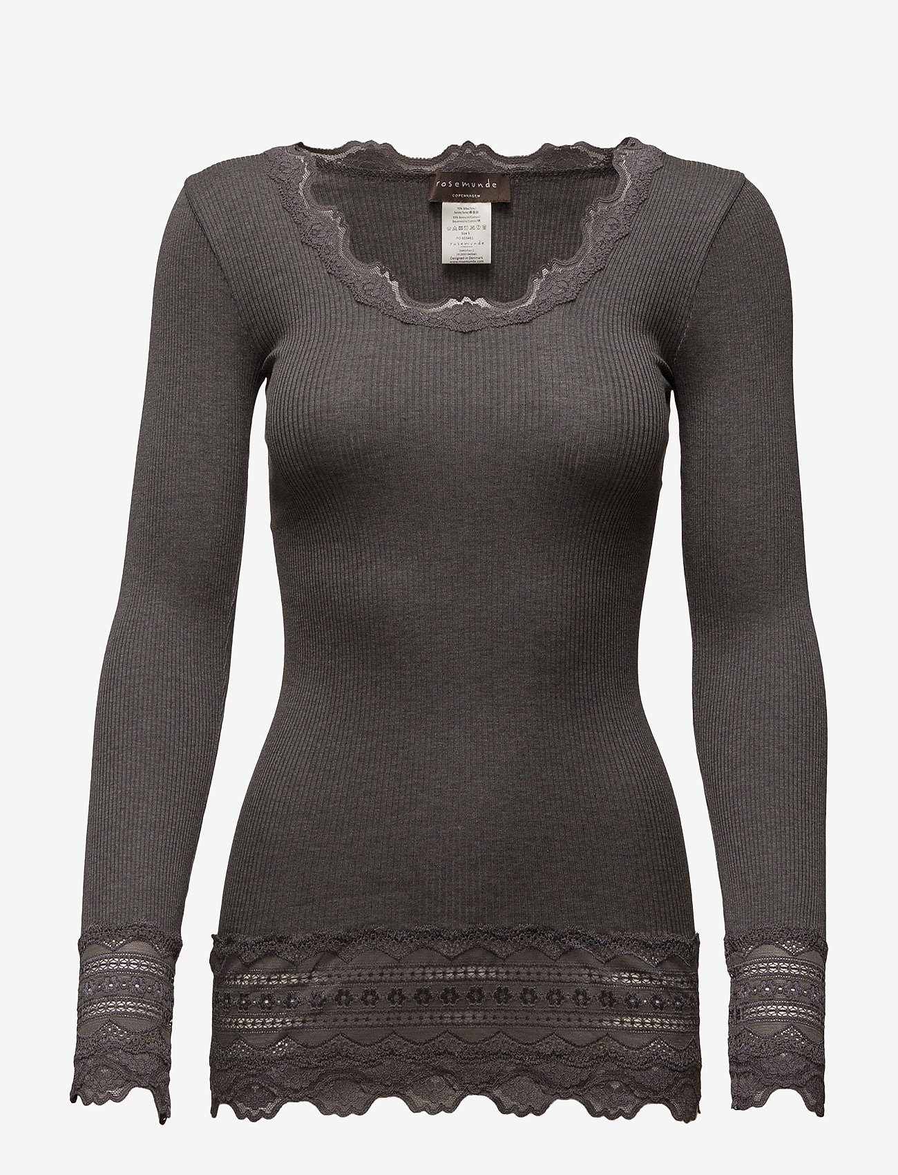 Rosemunde - Silk t-shirt medium ls w/wide lace - långärmade toppar - dark grey melange - 0