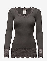 Rosemunde - Silk t-shirt medium ls w/wide lace - långärmade toppar - dark grey melange - 0