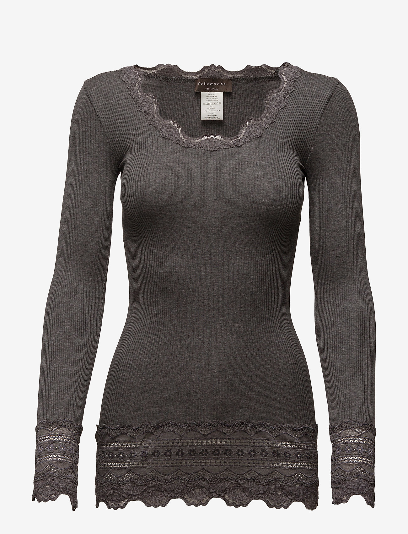 Rosemunde RWBenita Silk LS O-neck Long Lace Top - T-Shirts & Tops - DARK GREY MELANGE / grey