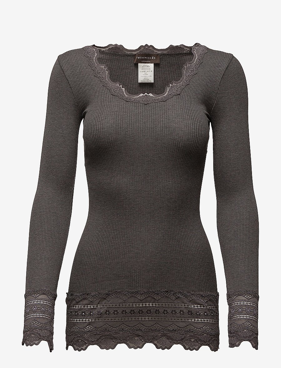 Rosemunde - Silk t-shirt w/ lace - långärmade toppar - dark grey melange - 1