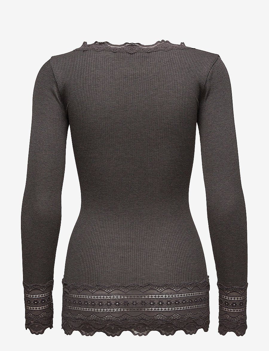 Rosemunde - Silk t-shirt w/ lace - långärmade toppar - dark grey melange - 2