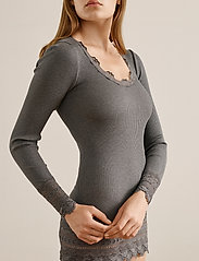 Rosemunde - Silk t-shirt w/ lace - long-sleeved tops - dark grey melange - 2