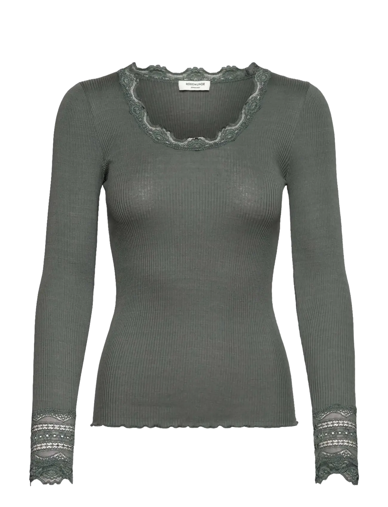 Rosemunde RWBenita Silk LS O-neck Lace T-shirt - T-shirts & Toppar - BALSAM GREEN / khaki/green