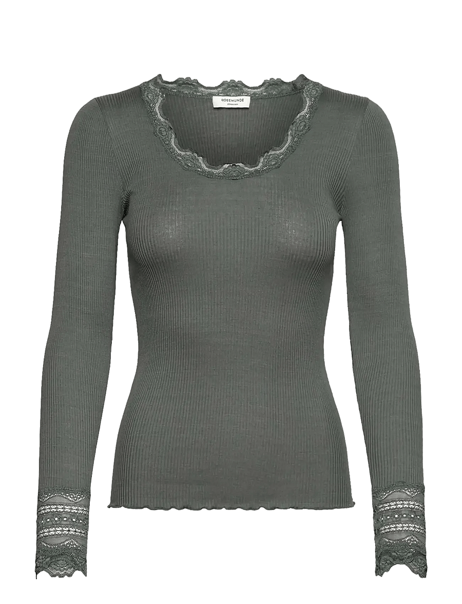 Rosemunde - RWBenita Silk LS O-neck Lace T-shirt - långärmade toppar - balsam green - 1