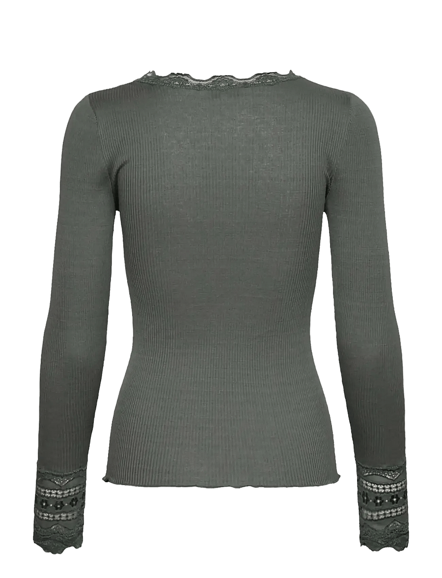 Rosemunde - RWBenita Silk LS O-neck Lace T-shirt - långärmade toppar - balsam green - 2