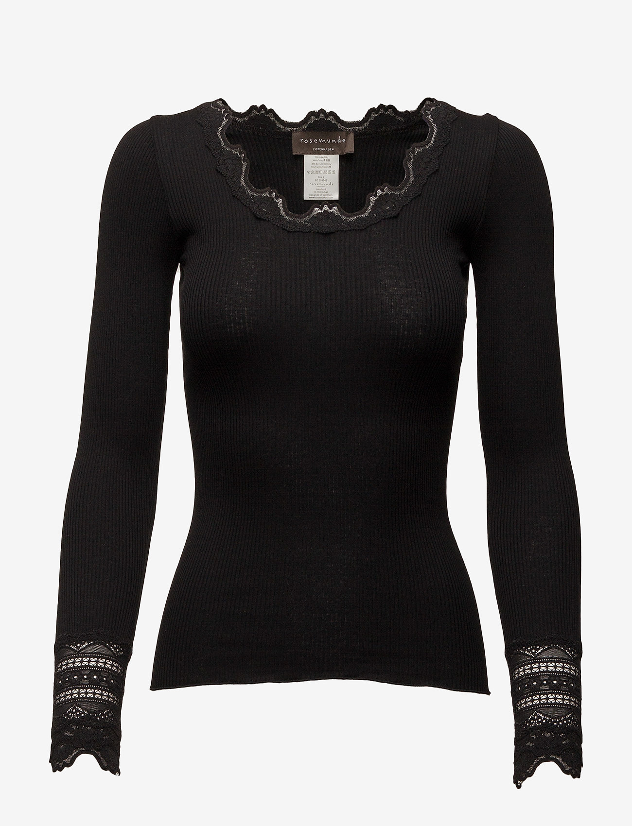 Rosemunde - RWBenita Silk LS O-neck Lace T-shir - långärmade toppar - black - 0
