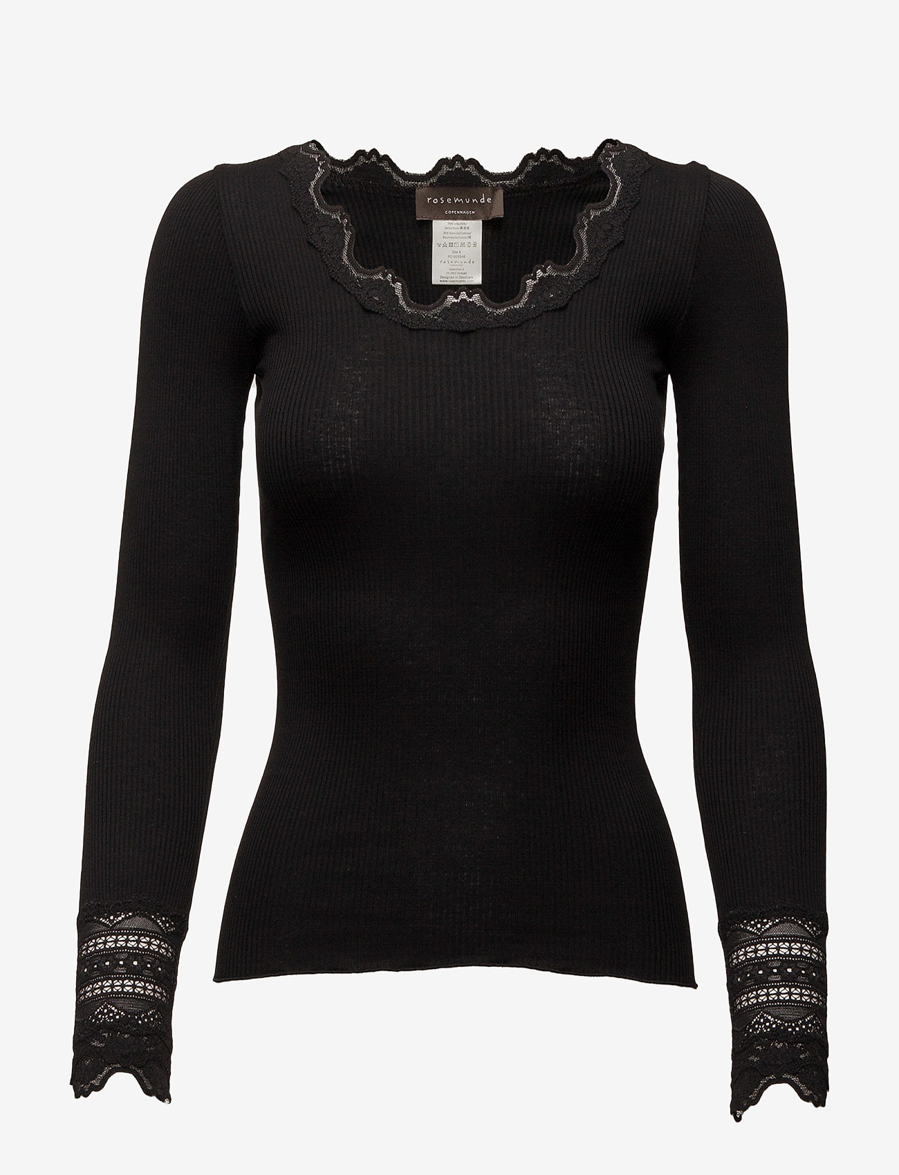 Rosemunde - Silk t-shirt w/ lace - langärmlige tops - black - 0