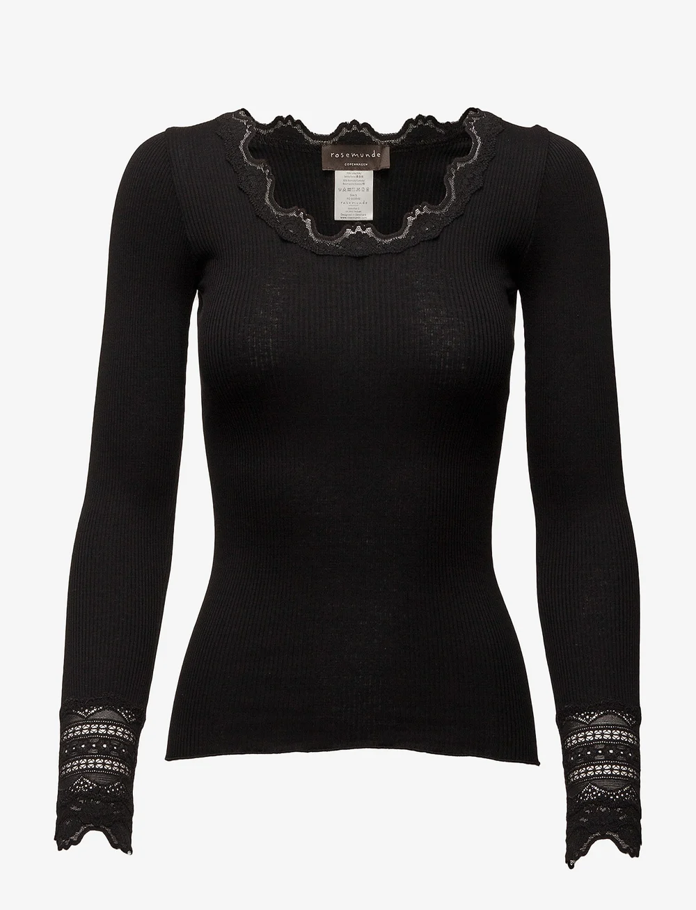 Rosemunde - RWBenita Silk LS O-neck Lace T-shir - langærmede toppe - black - 0