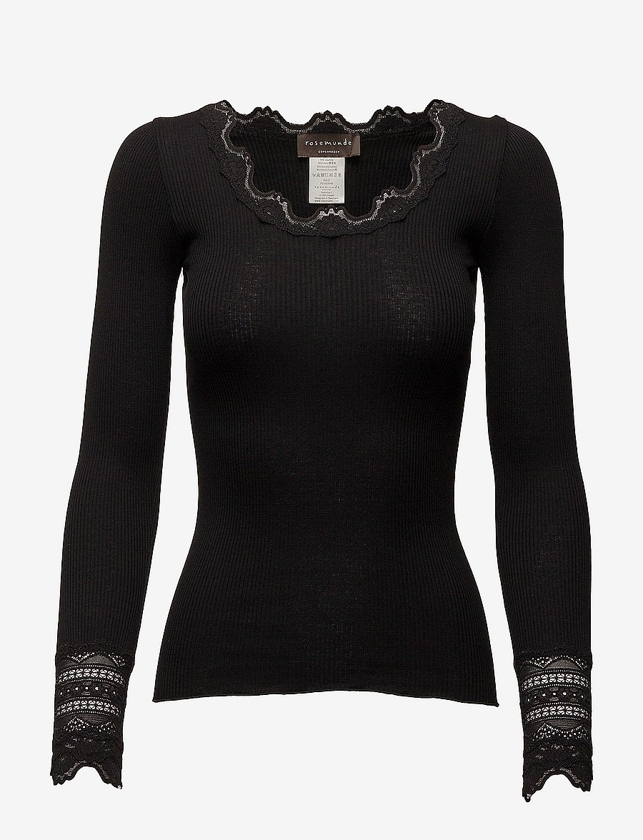 Rosemunde - RWBenita Silk LS O-neck Lace T-shirt - langärmlige tops - black - 0