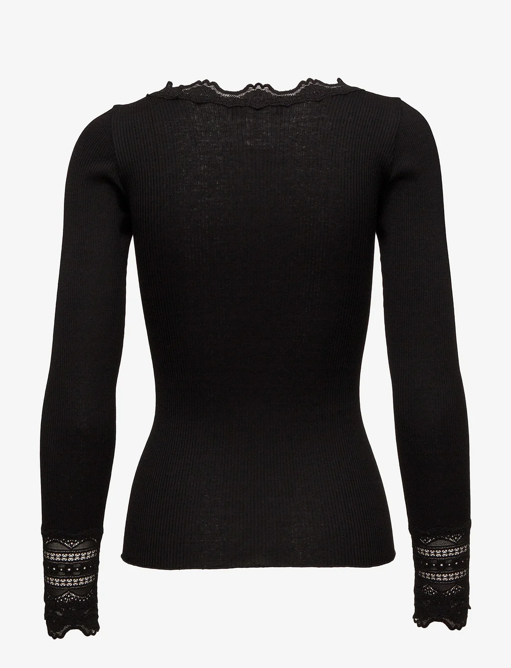 Rosemunde - RWBenita Silk LS O-neck Lace T-shir - langærmede toppe - black - 1
