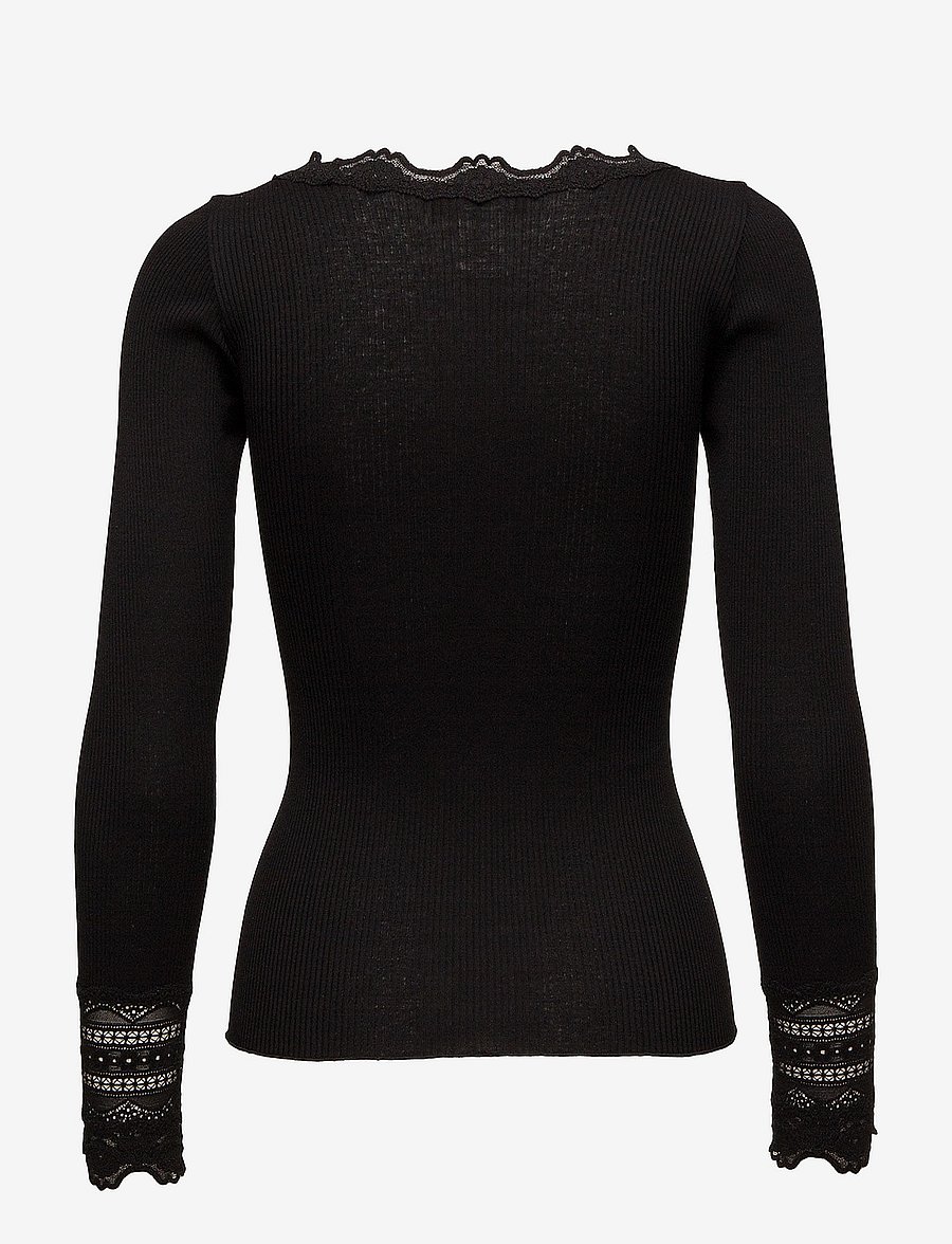 Rosemunde - RWBenita Silk LS O-neck Lace T-shirt - langärmlige tops - black - 1
