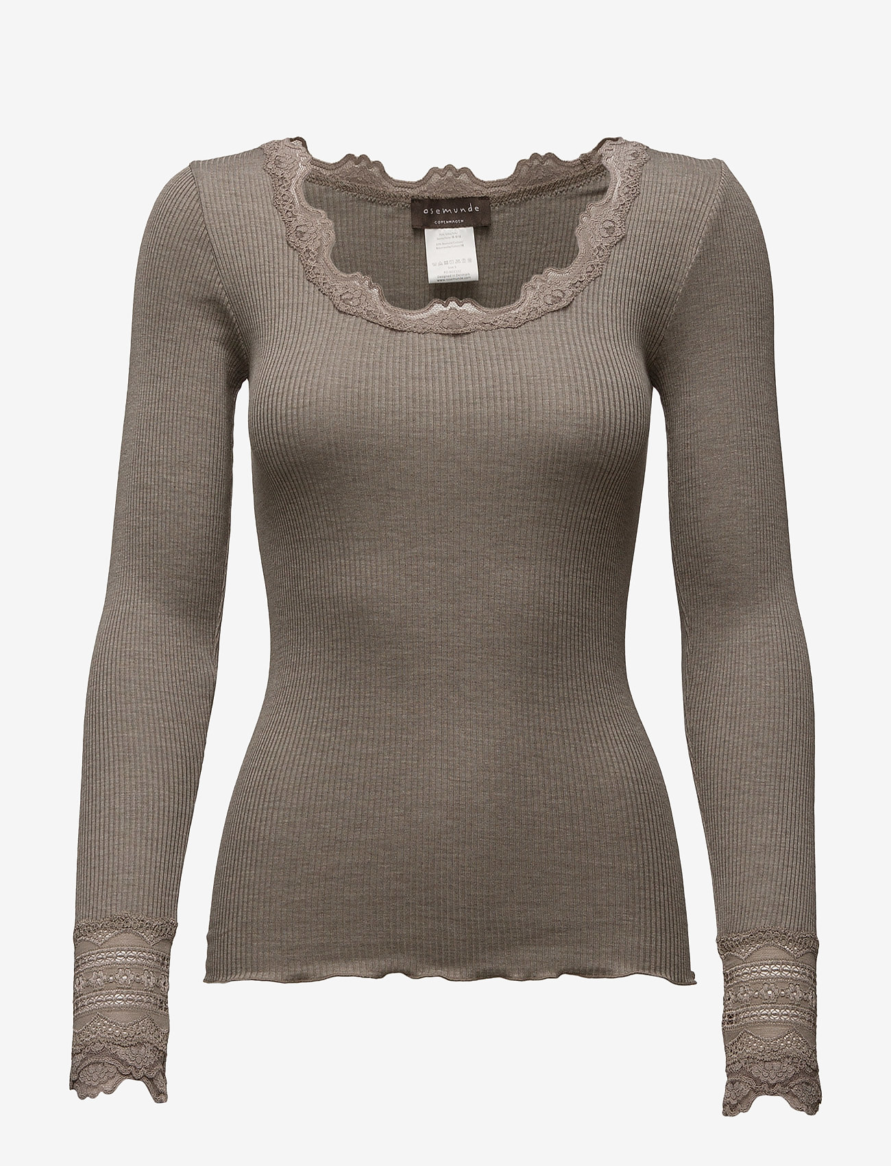 Rosemunde RWBenita Silk LS O-neck Lace T-shirt - Langärmlige Tops - BROWN MELANGE / brown
