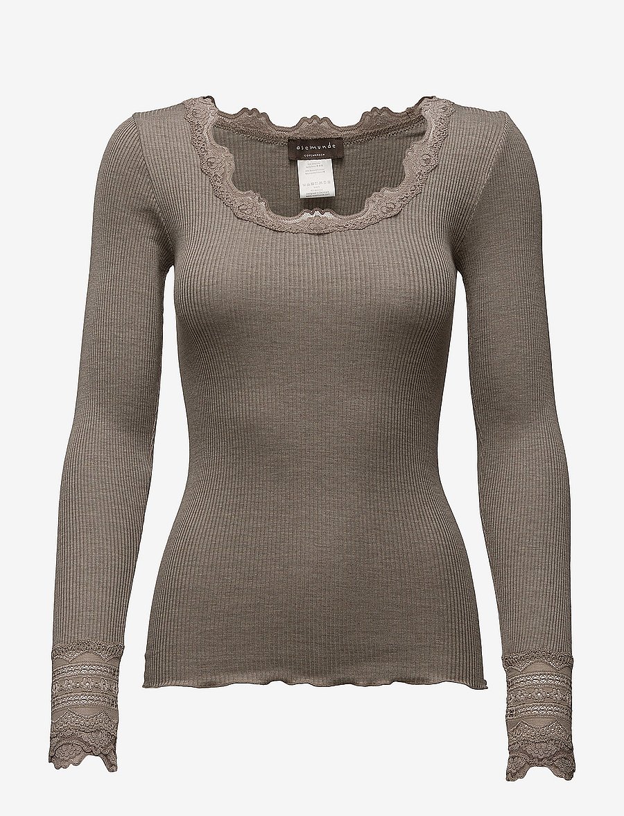 Rosemunde - RWBenita Silk LS O-neck Lace T-shirt - topi ar garām piedurknēm - brown melange - 0