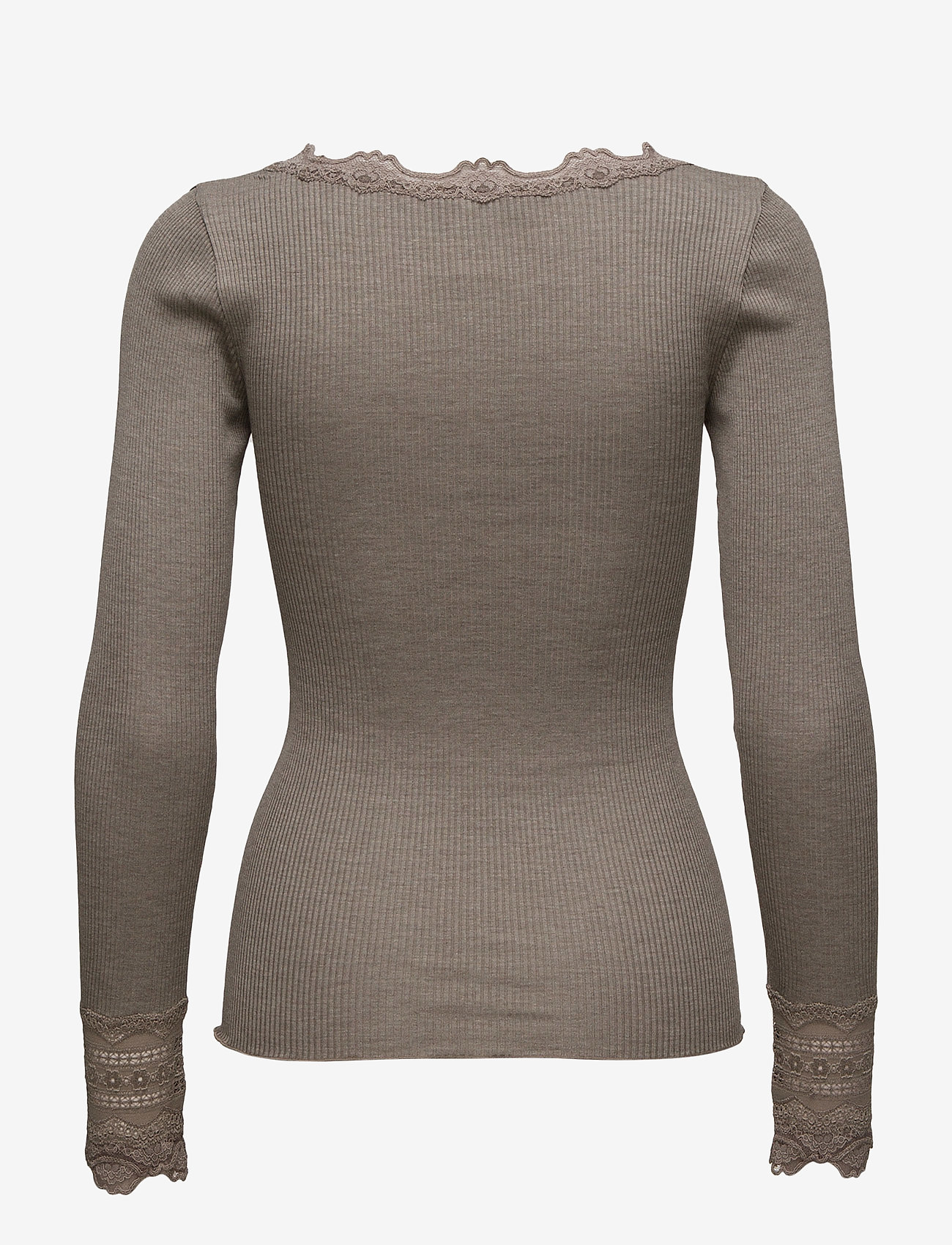 Rosemunde - RWBenita Silk LS O-neck Lace T-shirt - langerma toppar - brown melange - 1