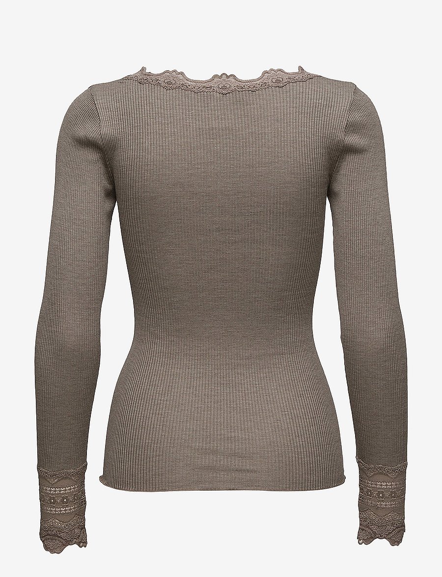 Rosemunde - RWBenita Silk LS O-neck Lace T-shirt - topi ar garām piedurknēm - brown melange - 1