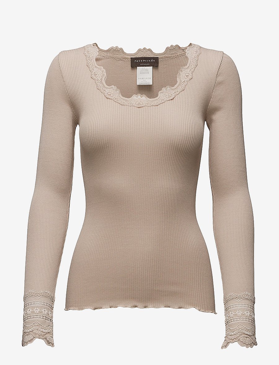 Rosemunde - RWBenita Silk LS O-neck Lace T-shirt - langärmlige tops - cacao - 0