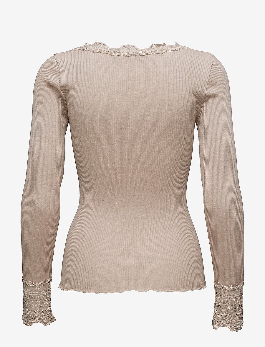 Rosemunde - RWBenita Silk LS O-neck Lace T-shirt - langärmlige tops - cacao - 1
