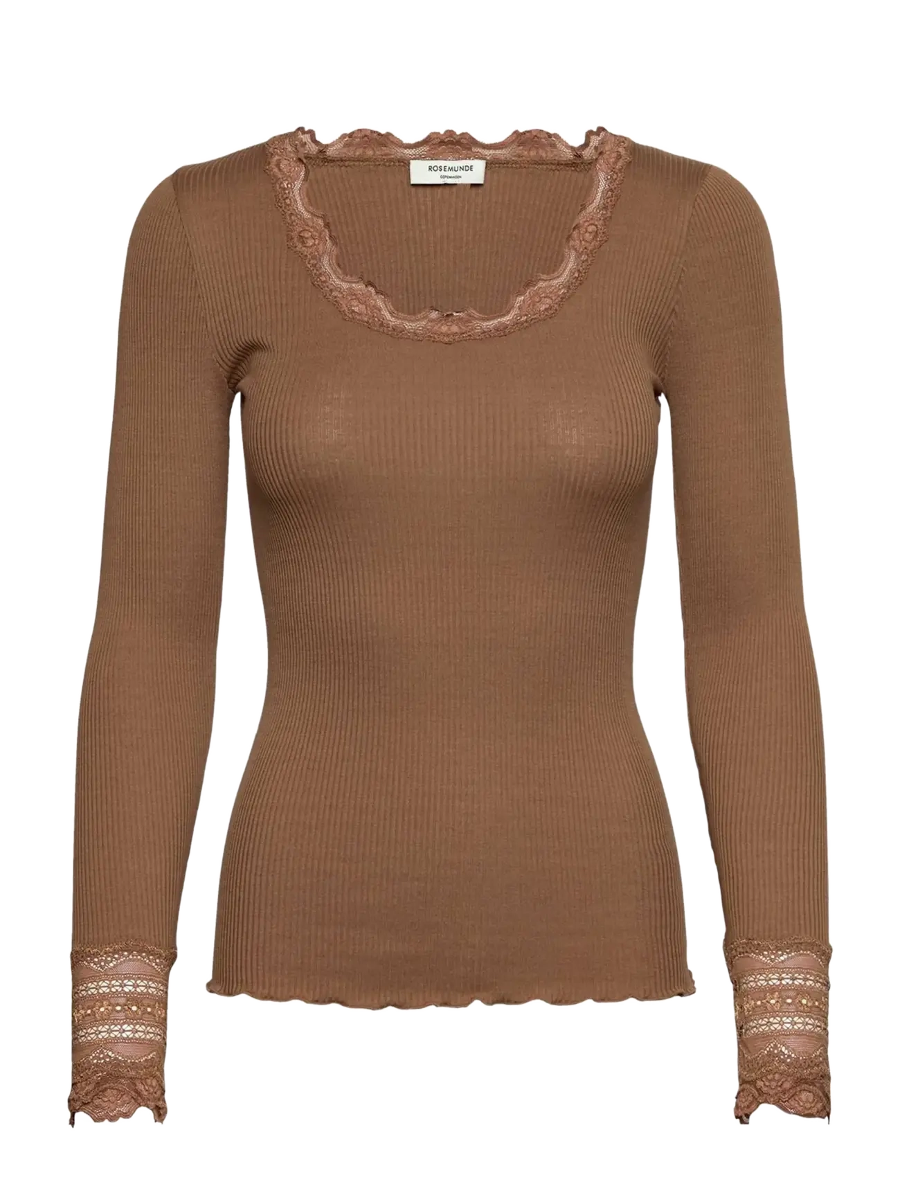 Rosemunde RWBenita Silk LS O-neck Lace T-shir - T-shirts & Toppar - COCA MOCHA / brown