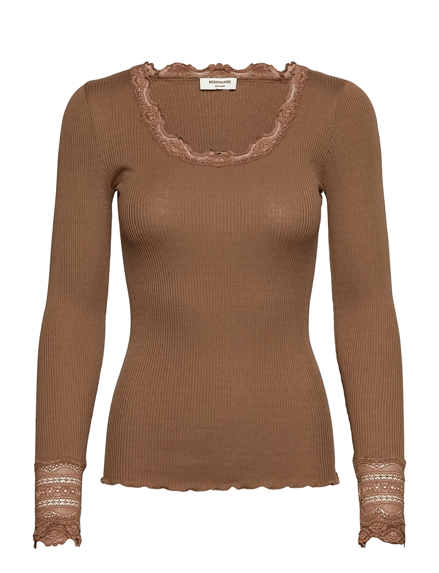 Rosemunde - RWBenita Silk LS O-neck Lace T-shirt - långärmade toppar - coca mocha - 1