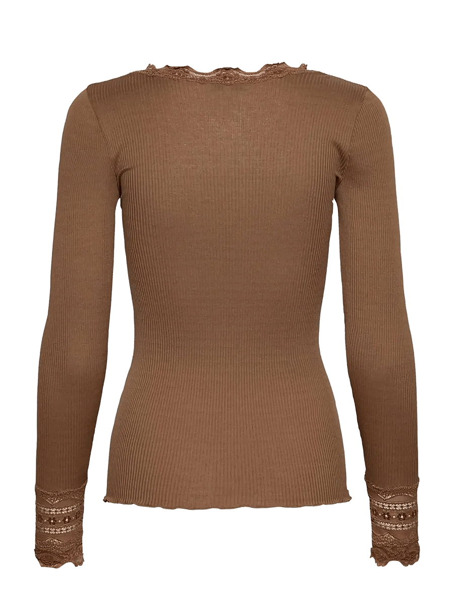 Rosemunde - RWBenita Silk LS O-neck Lace T-shirt - långärmade toppar - coca mocha - 2
