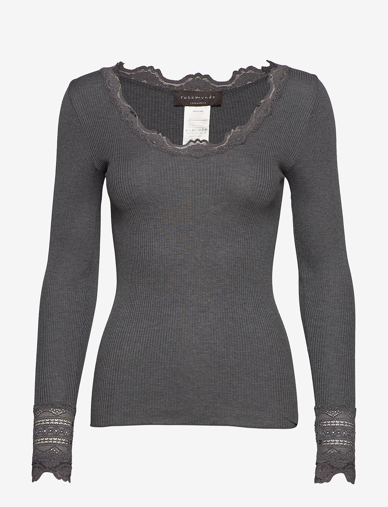 Rosemunde - Silk t-shirt w/ lace - hauts à manches longues - dark grey melange - 0