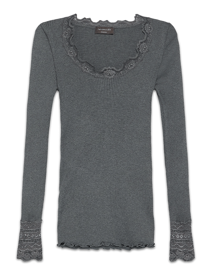 Rosemunde - RWBenita Silk LS O-neck Lace T-shir - langærmede toppe - dark grey melange - 1