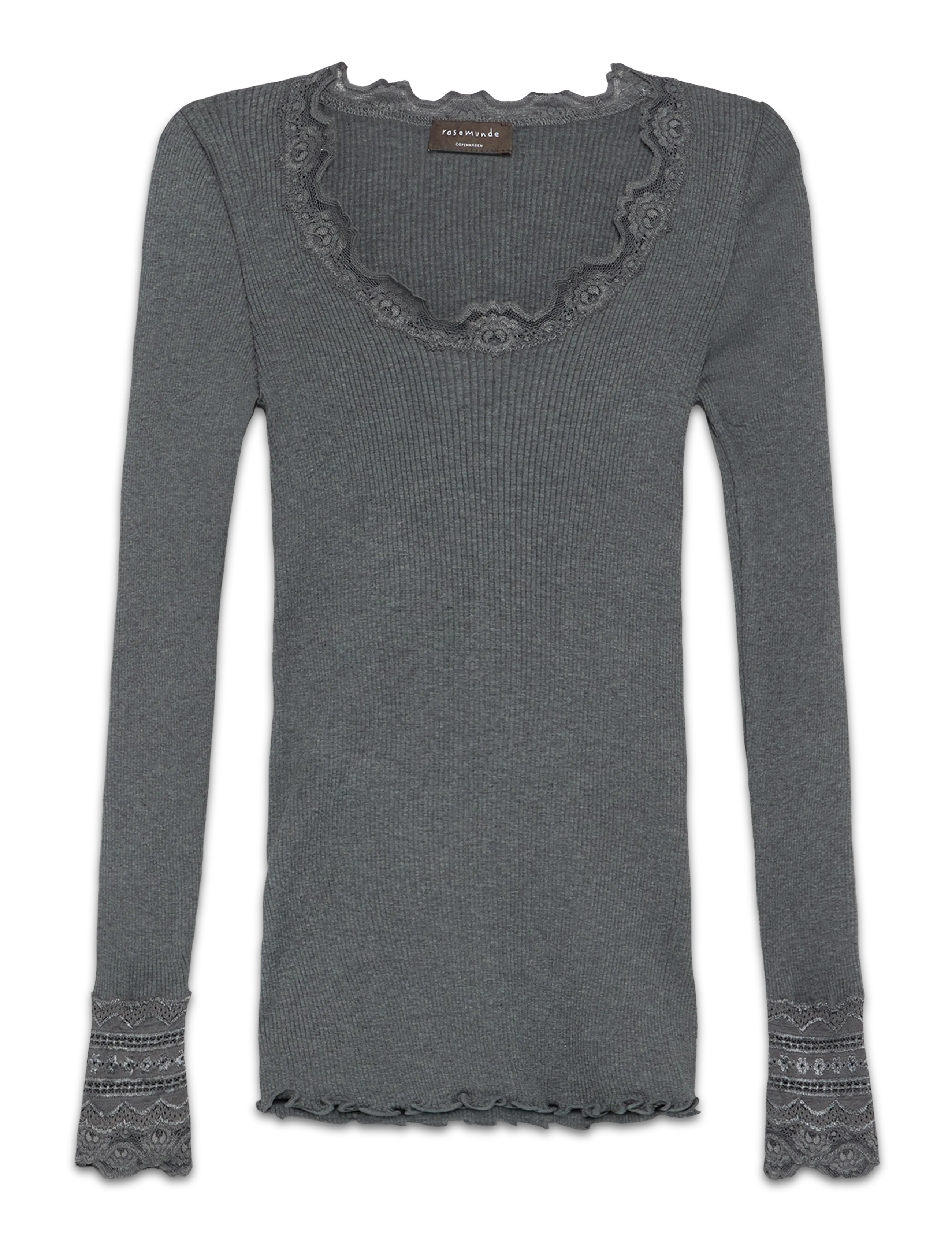 Rosemunde RWBenita Silk LS O-neck Lace T-shirt - Tøj - DARK GREY MELANGE / grey