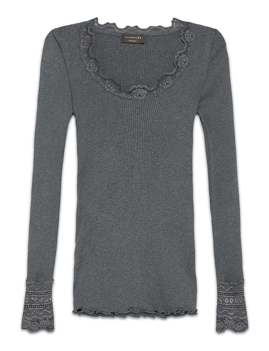 Rosemunde - RWBenita Silk LS O-neck Lace T-shirt - hauts à manches longues - dark grey melange - 1