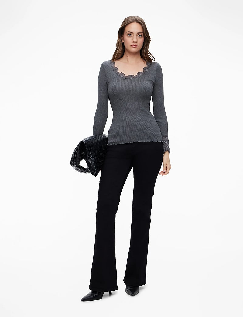 Rosemunde - RWBenita Silk LS O-neck Lace T-shir - langærmede toppe - dark grey melange - 2