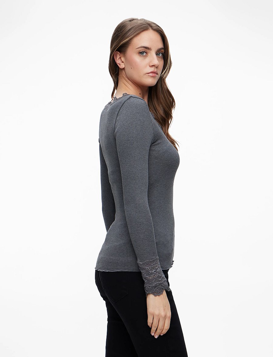 Rosemunde - RWBenita Silk LS O-neck Lace T-shirt - hauts à manches longues - dark grey melange - 3