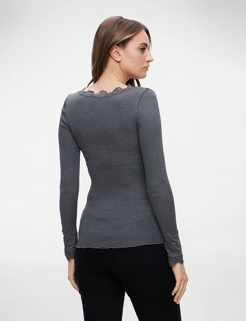Rosemunde - RWBenita Silk LS O-neck Lace T-shir - langærmede toppe - dark grey melange - 4