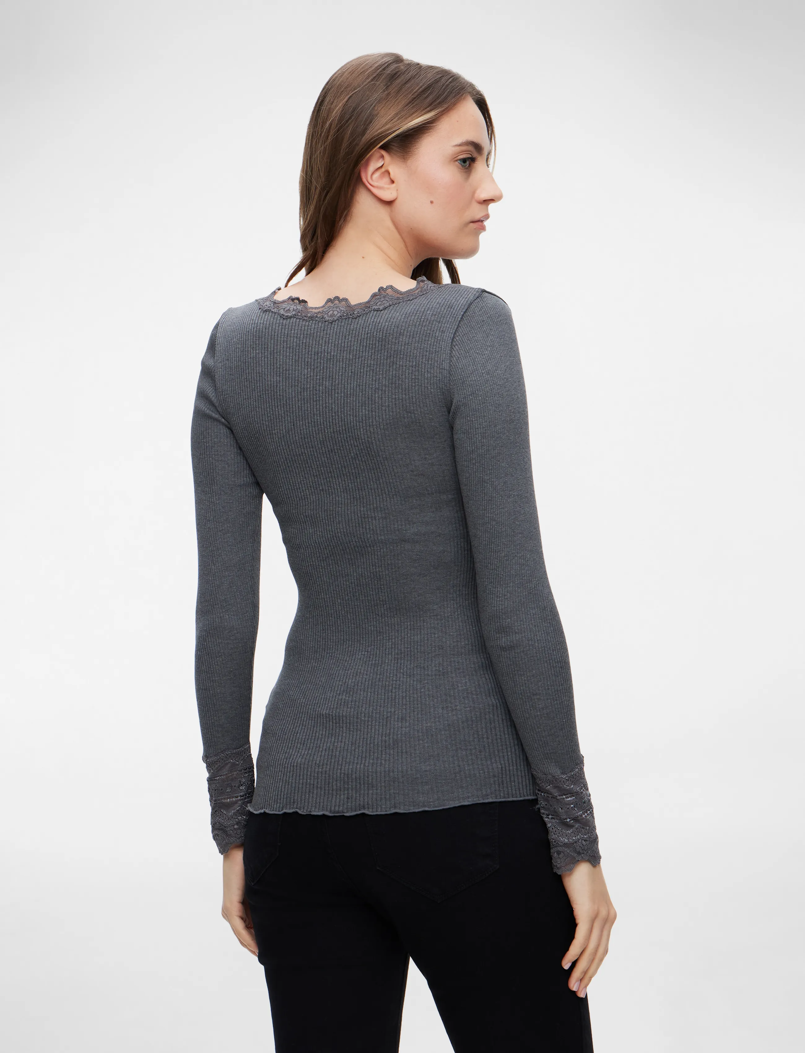 Rosemunde - RWBenita Silk LS O-neck Lace T-shirt - hauts à manches longues - dark grey melange - 4