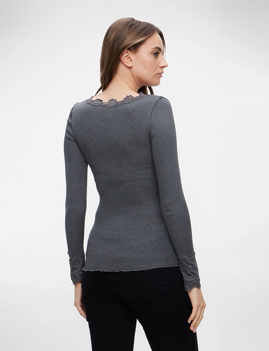 Rosemunde - RWBenita Silk LS O-neck Lace T-shirt - hauts à manches longues - dark grey melange - 4