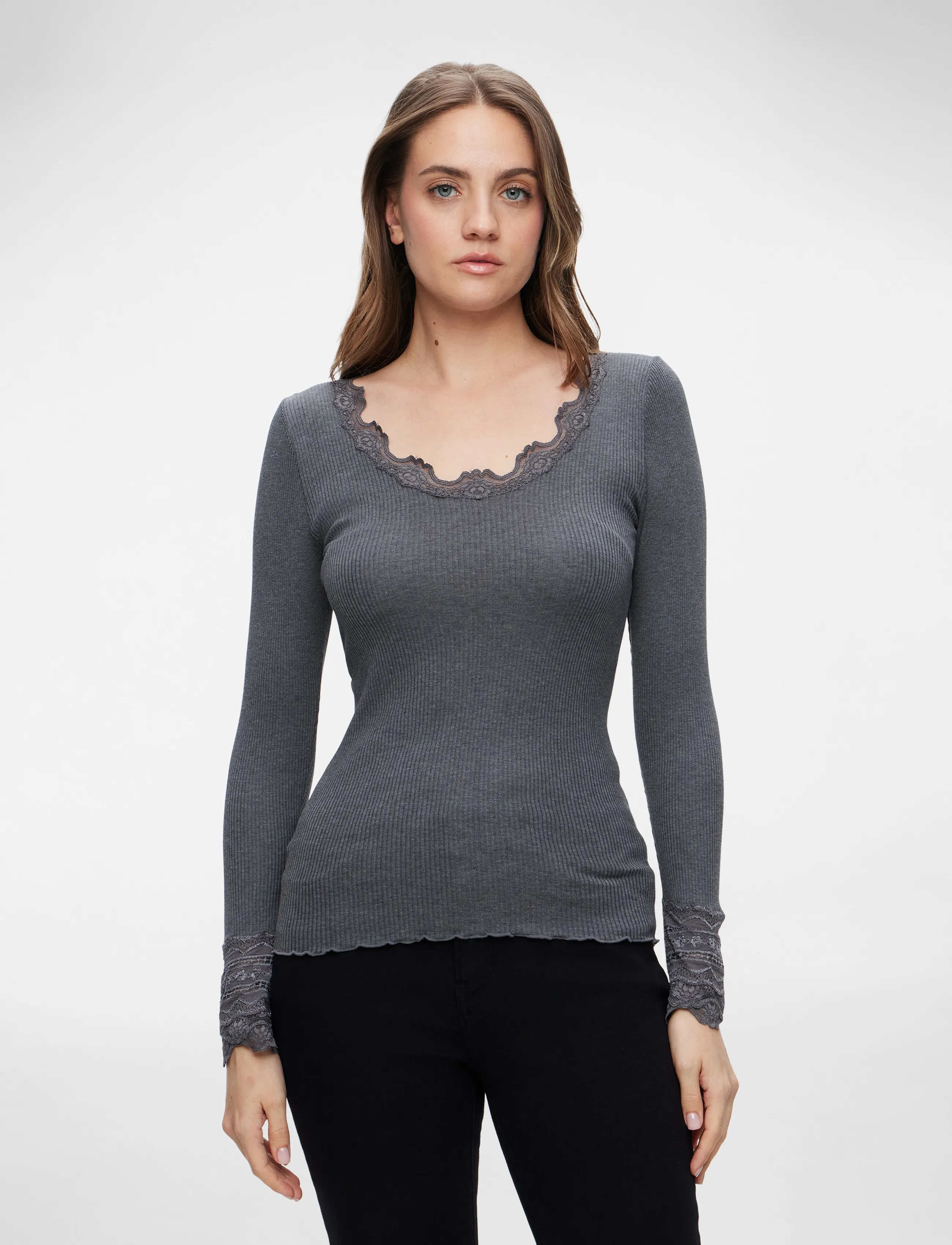 Rosemunde RWBenita Silk LS O-neck Lace T-shirt - Pitkähihaiset paidat - DARK GREY MELANGE / grey