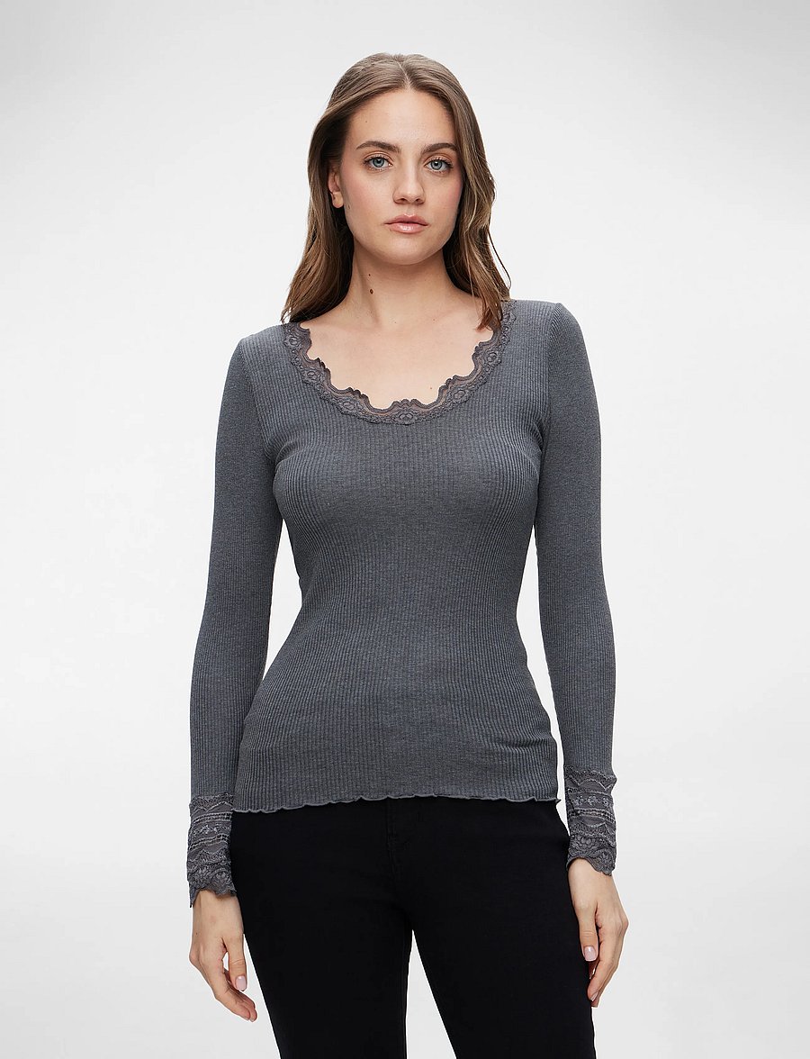 Rosemunde - RWBenita Silk LS O-neck Lace T-shirt - hauts à manches longues - dark grey melange - 0