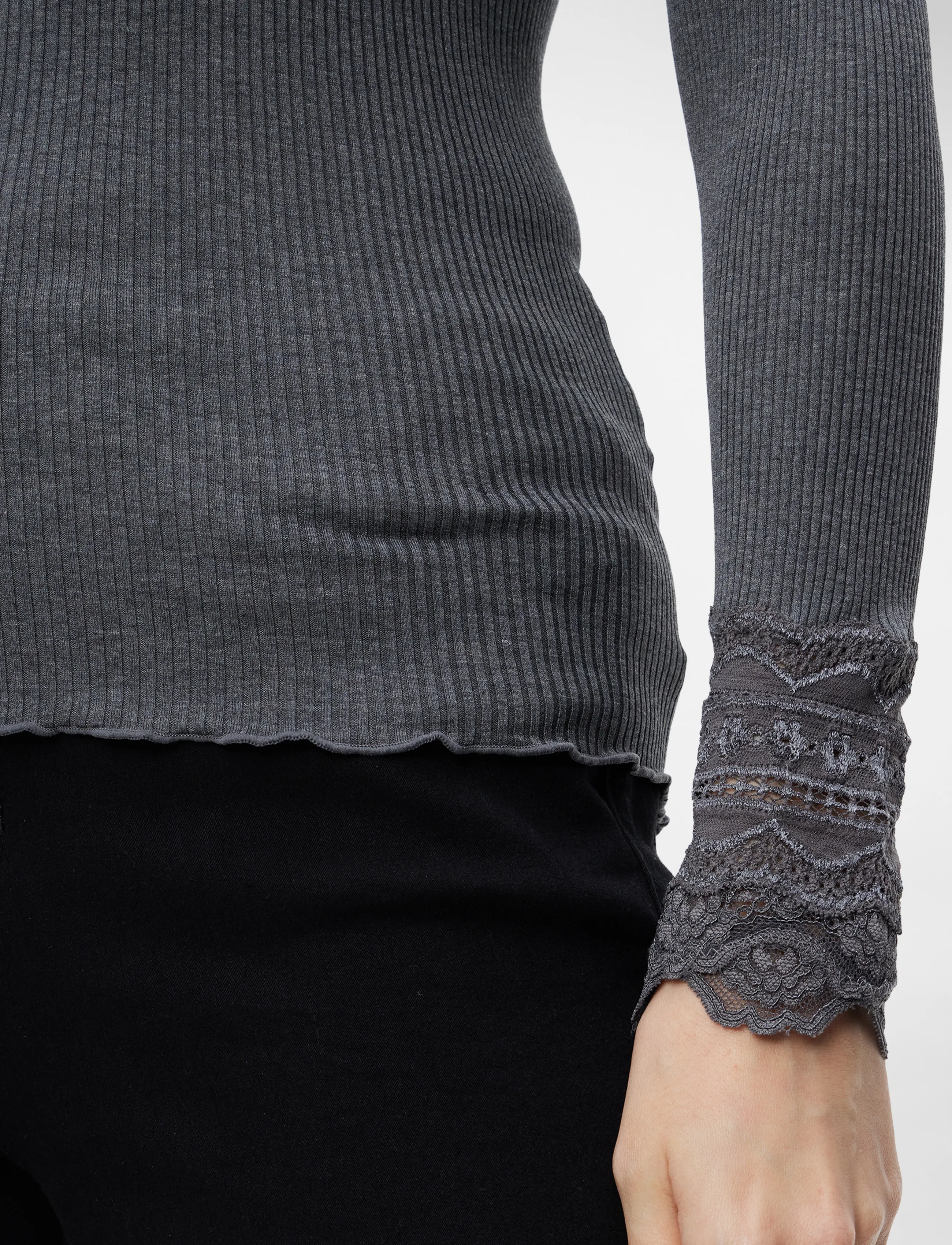 Rosemunde - RWBenita Silk LS O-neck Lace T-shirt - hauts à manches longues - dark grey melange - 5