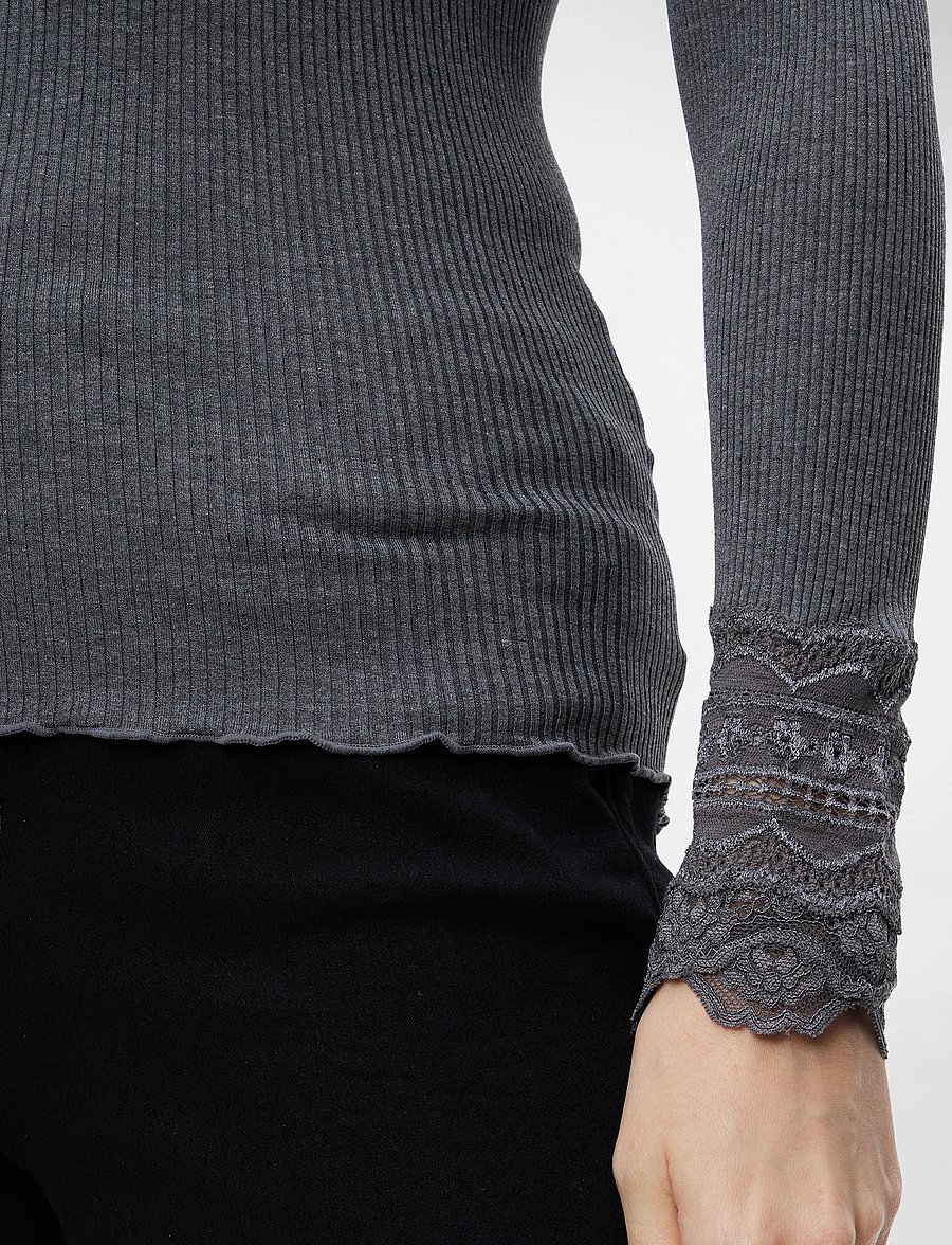 Rosemunde - RWBenita Silk LS O-neck Lace T-shirt - hauts à manches longues - dark grey melange - 5