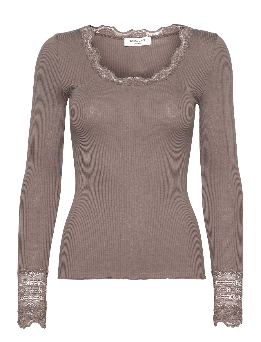 Rosemunde - RWBenita Silk LS O-neck Lace T-shirt - långärmade toppar - falcon - 0
