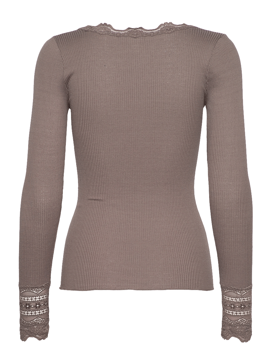 Rosemunde - RWBenita Silk LS O-neck Lace T-shirt - långärmade toppar - falcon - 1